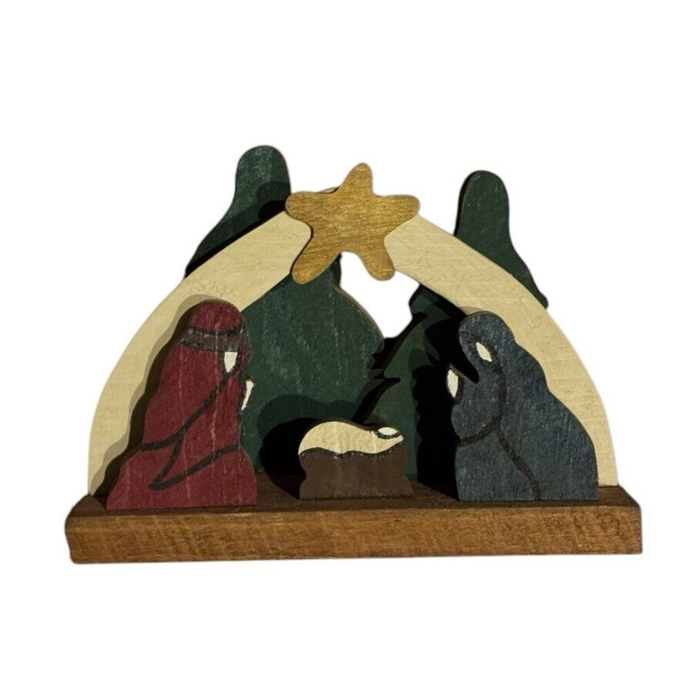 Primitive Nativity Scene Wooden Manger Stable Folk Art Decor Christmas Holiday